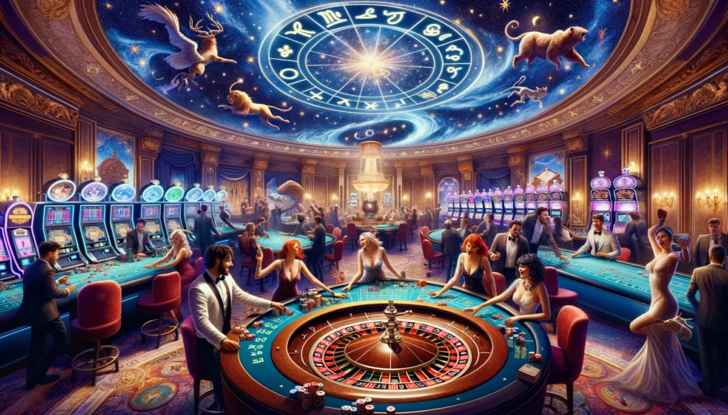 A zodiac casino with people having fun around a roulette table