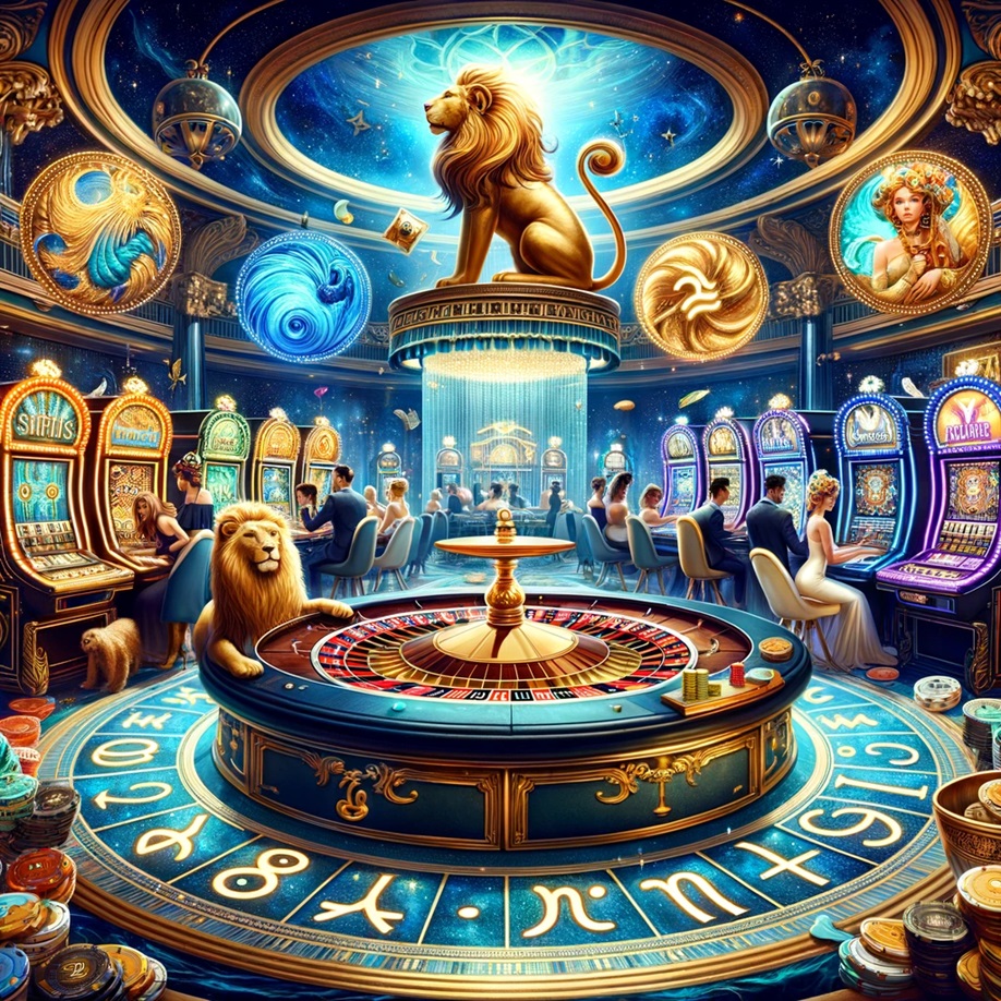 An image containing casino and zodiac sign themes with a lion as the main motif.